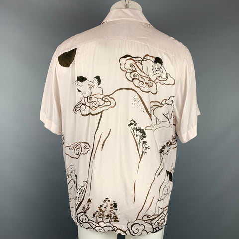 CARNE BOLLENTE Size XL Off White & Brown Print Viscose Camp Short Sleeve Shirt