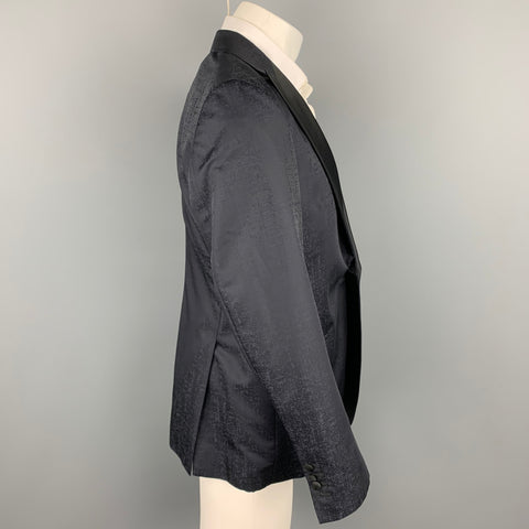 GIORGIO ARMANI Soft Taille 38 Manteau de sport en laine marbrée noire / soie à revers en pointe