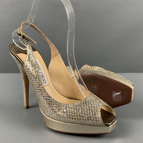 JIMMY CHOO Sandales à bride arrière en cuir métallisé argenté, taille 8