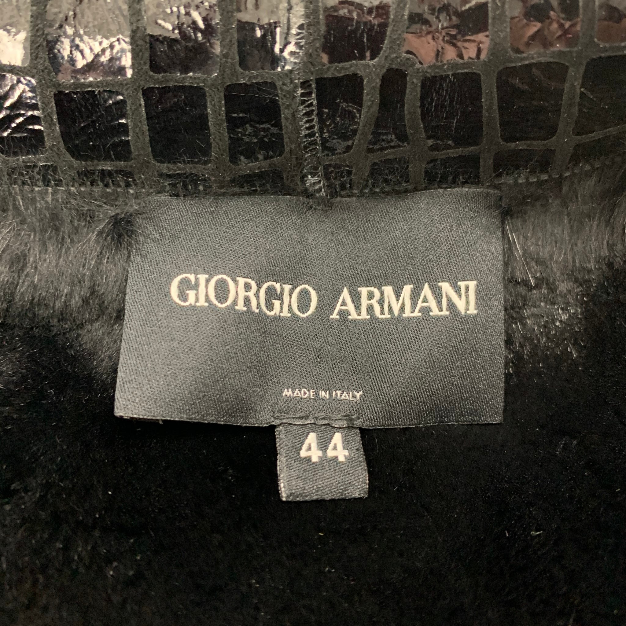 GIORGIO ARMANI Size 8 Black Leather Embossed Rabbit Fur Coat