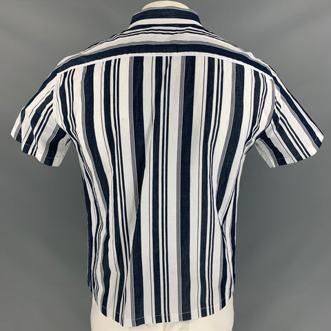 THEORY Size XL White &  Navy Stripe Button Down Short Sleeve Shirt