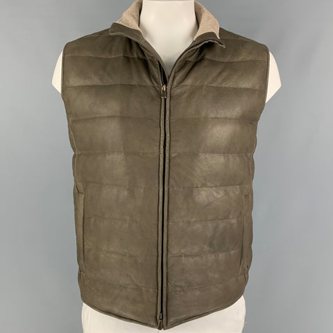 LORO PIANA Chaleco con cremallera de cuero acolchado verde oliva talla L