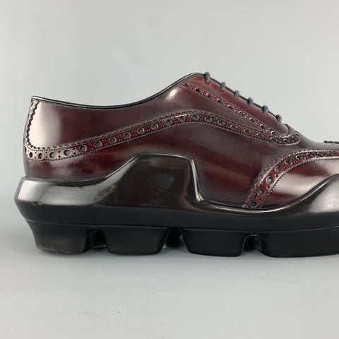 PRADA Size 10 Burgundy Leather Wingtip Rubber Platform Sole Lace Up