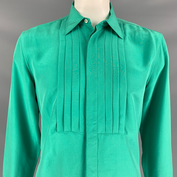 BURBERRY PRORSUM Spring 2014 Size L Jade Green Pleated Silk Long Sleeve Shirt