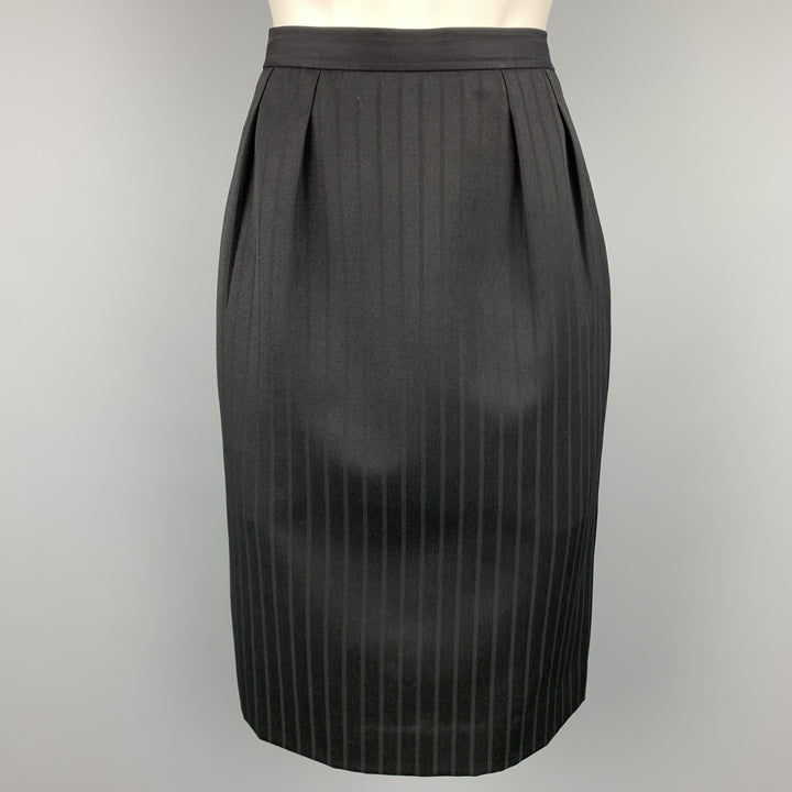 Vintage YVES SAINT LAURENT Rive Gauche Size 10 Black Stripe Twill Pleated Pencil Skirt