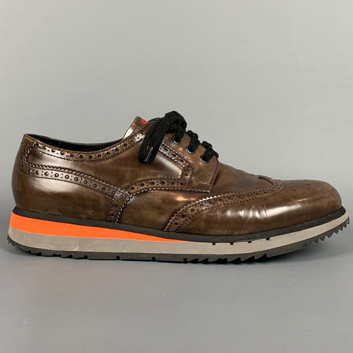 PRADA Size 12 Brown Perforated Leather Wingtip Lace Up Shoes
