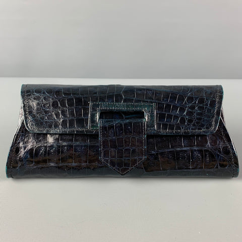 REYNA ICAZA Black Alligator Leather Camden Clutch
