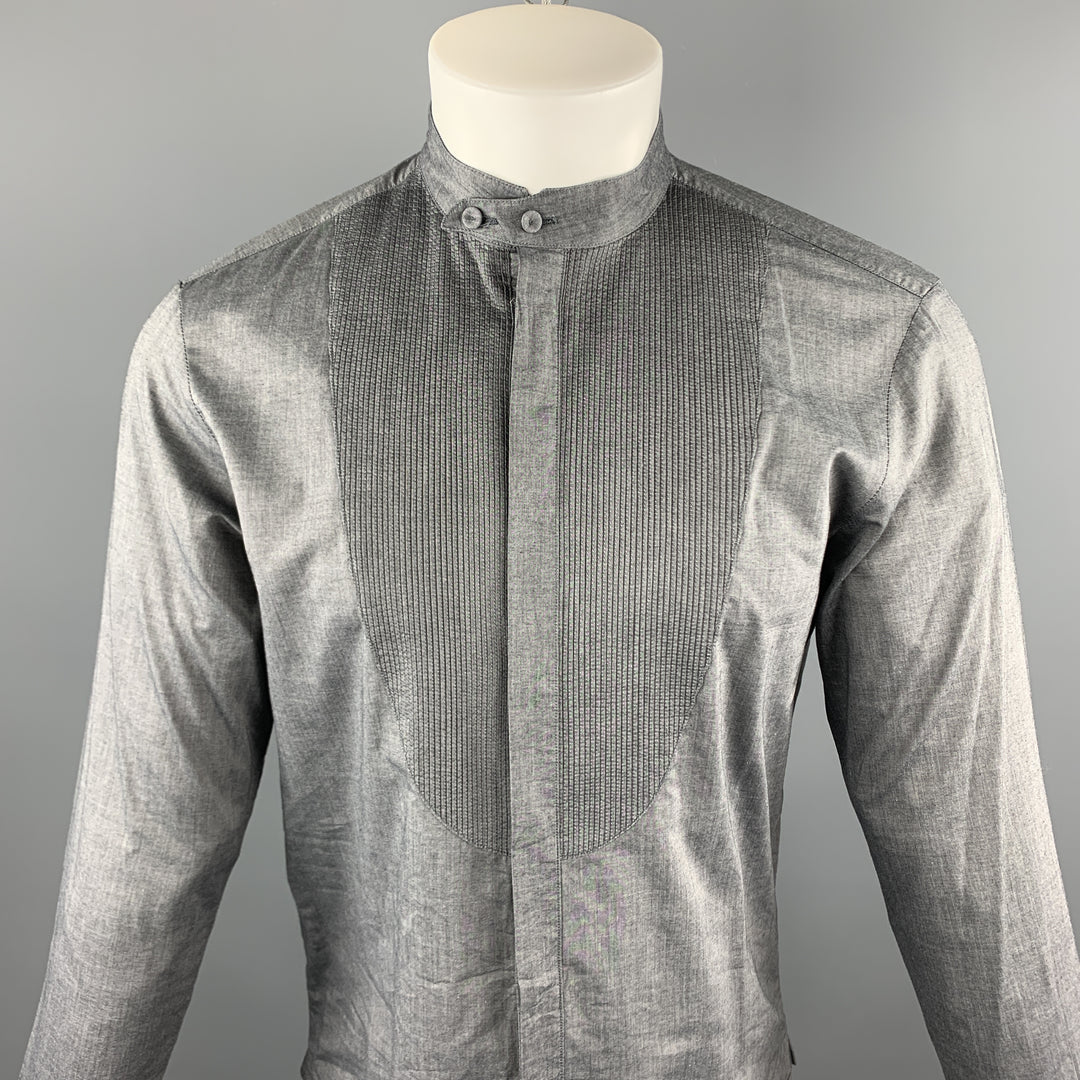 EMPORIO ARMANI Size S Dark Gray Solid Cotton Nehru Collar Long Sleeve Shirt