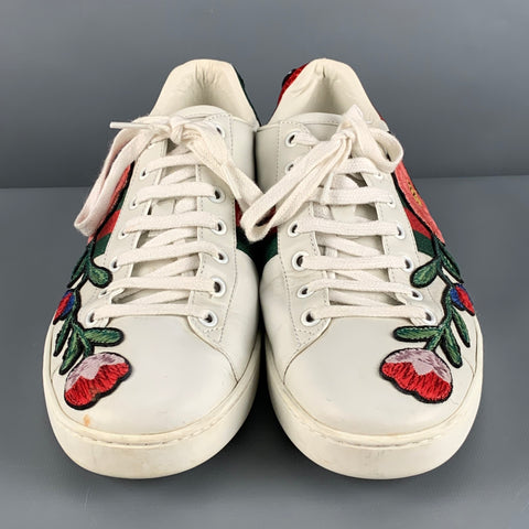 GUCCI Taille 10.5 Baskets basses brodées en cuir multicolore blanc
