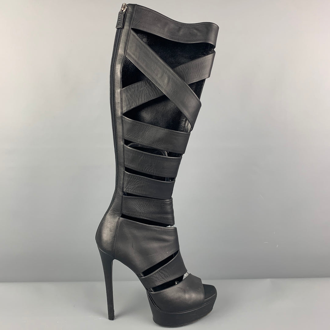 GUCCI Size 6 Black Leather Cut-Out Platform Helena Boots