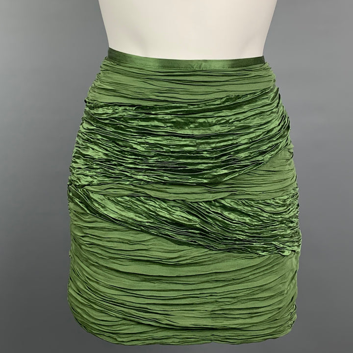 CATHERINE MALANDRINO Size 4 Green Ruched Silk Mini Skirt