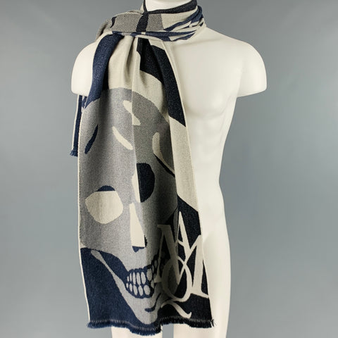 ALEXANDER MCQUEEN Blue Grey Logo Scarf
