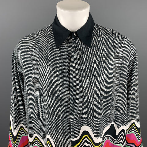 JUST CAVALLI Size XL Black & White Print Viscose Long Sleeve Shirt