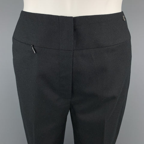 CHANEL Talla 2 Pantalón de vestir con logo plateado y bolsillo con cremallera y cremallera de lana negra