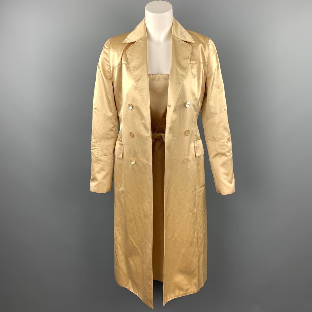 CAROLINA HERRERA Size 4 Gold Satin Silk / Cotton Double Breasted Belted 2 PC Dress Set