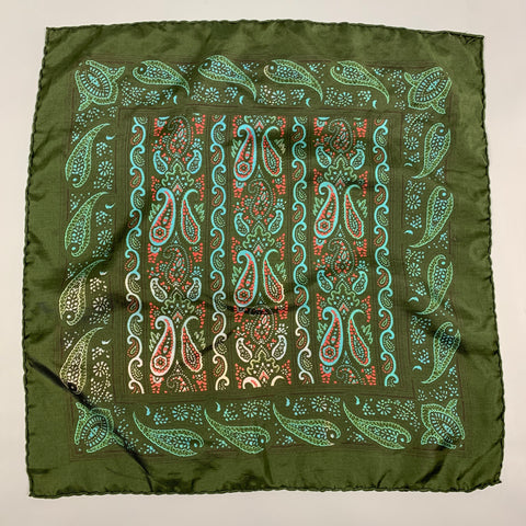 BRONZINI Green Blue Paisley Silk Pocket Square