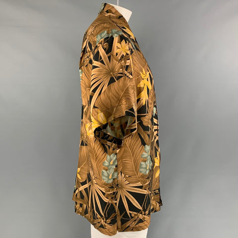 BRIONI Size L Brown & Black Floral Rayon Button Down Short Sleeve Shirt