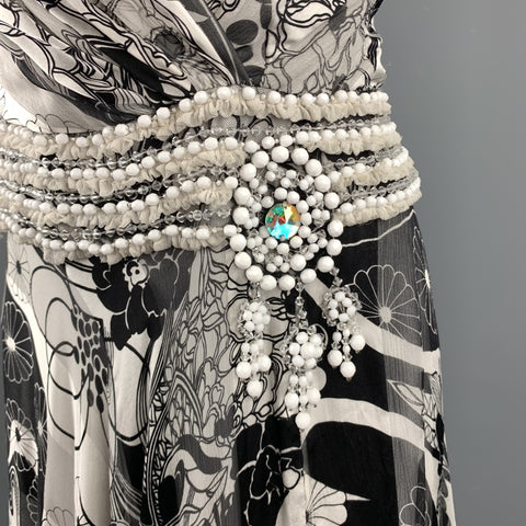 NAEEM KHAN Size 6 Black & White Floral Silk Beaded Halter Gown