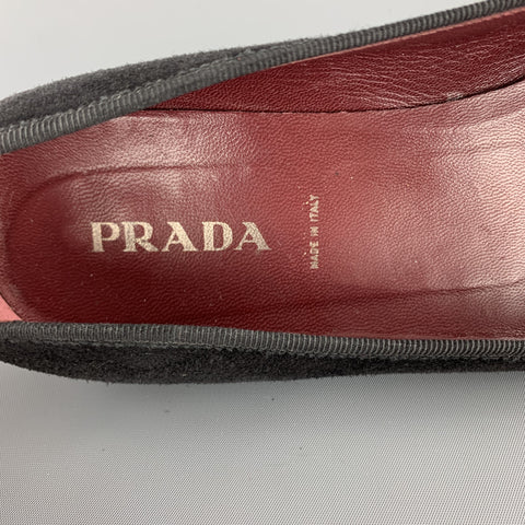 PRADA Size 10.5 Black Suede Pointed Bow Flats