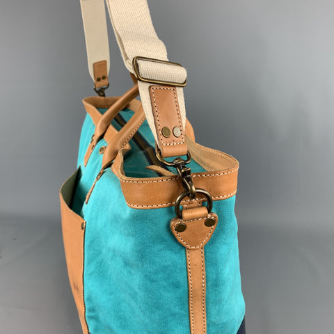 COLE HAAN Aqua & Navy Canvas Leather Two Tone Tote Bag