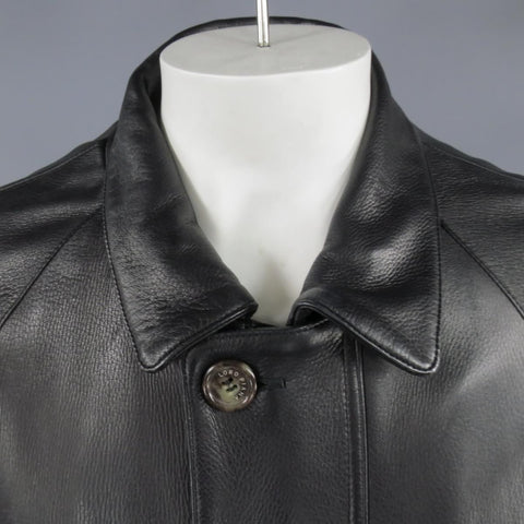 LORO PIANA 44 Black Leather Drawstring Waist Cashmere Lining 'Horsey'  Jacket