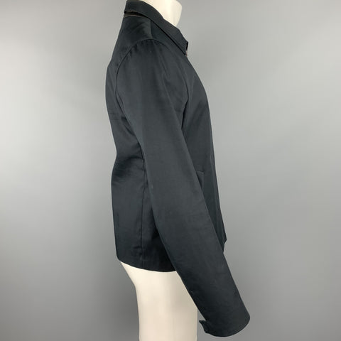 VINCE Chaqueta con cremallera de algodón con ribetes de cuero azul marino talla M
