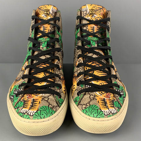 GUCCI Size 9.5 Brown Green Bengal Tiger GG Monogram Coated Canvas High Top Sneakers
