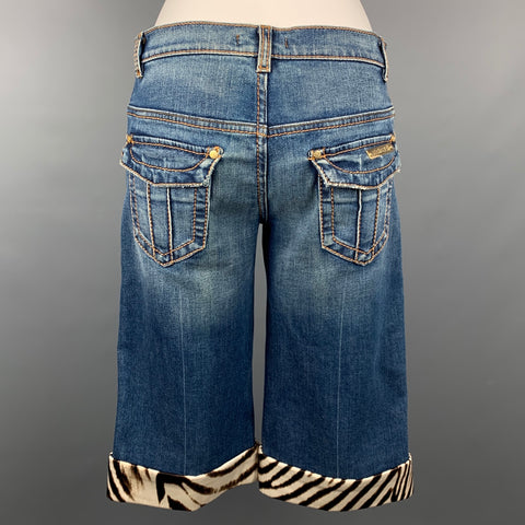 ROBERTO CAVALLI Taille 6 Short en coton/polyuréthane à ourlet zébré indigo et marron