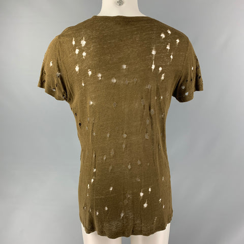 IRO Size S Olive Distressed Linen Crew-Neck T-shirt