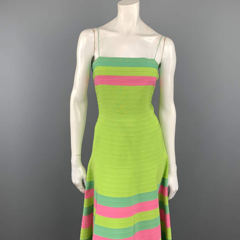 OSCAR DE LA RENTA Size 8 Green Turquoise & Pink Grosgrain Striped Gown