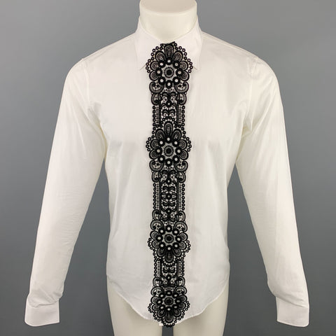 BURBERRY PRORSUM Spring 2016 Size S White Black Guipure Applique Cotton Long Sleeve Shirt