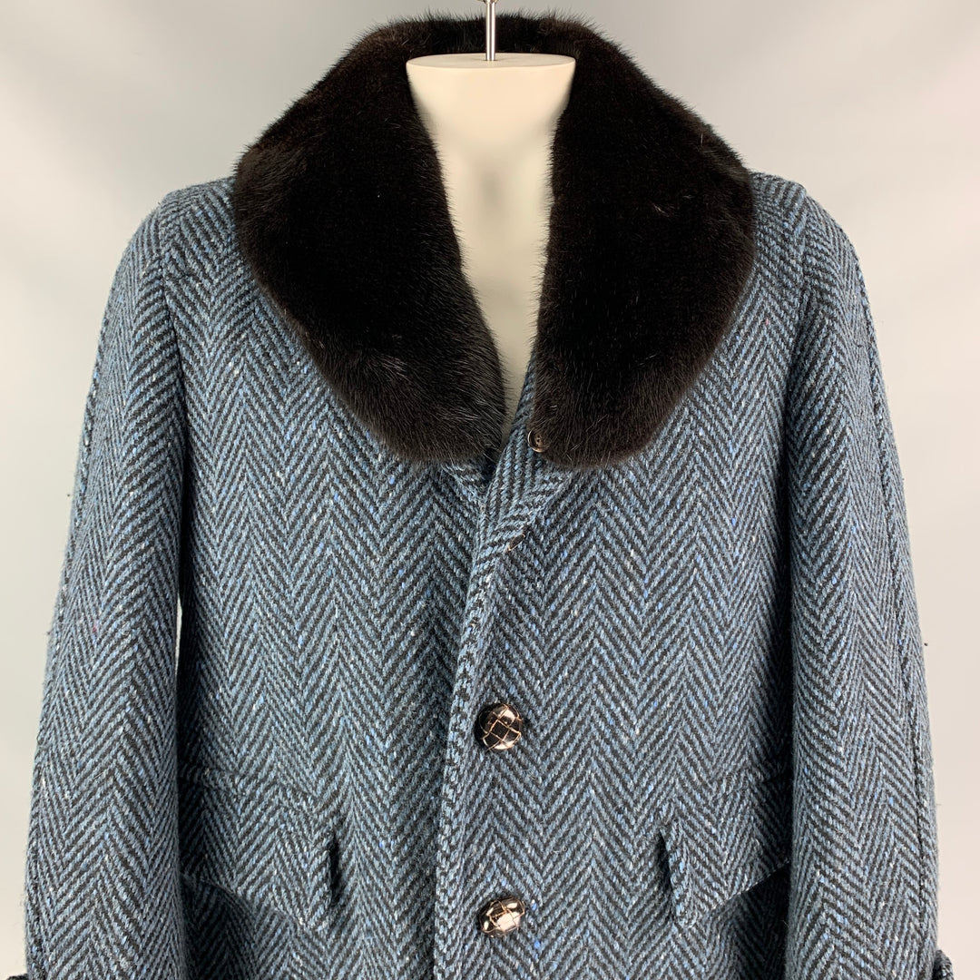 BURBERRY PRORSUM Otoño 2011 Talla 42 Abrigo azul con cuello de visón extraíble de lana en zigzag