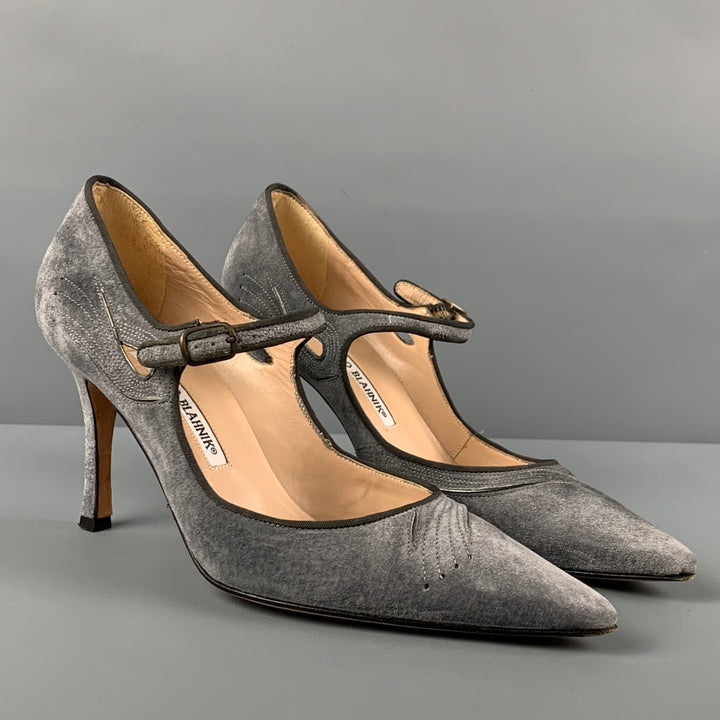 MANOLO BLAHNIK Size 7 Gray Suede Mary Jane Pumps