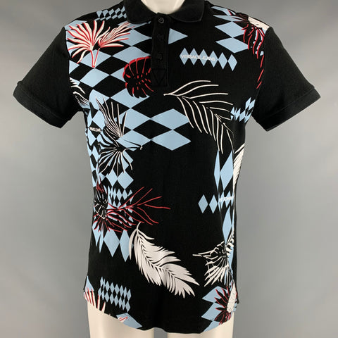 VERSACE JEANS Size M Black Blue Leaves Cotton Short Sleeve Polo