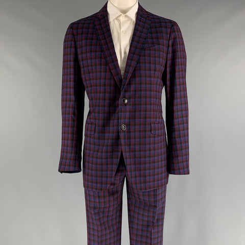 ETRO Chest Size 48 Navy Red Checkered Wool Single Breasted 37 31 Suit