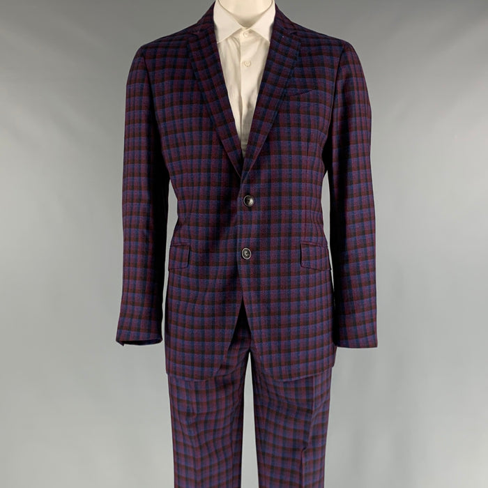 ETRO Chest Size 48 Navy Red Checkered Wool Single Breasted 37 31 Suit