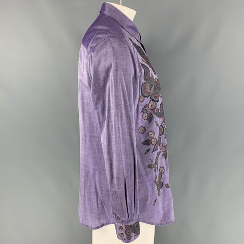 JUST CAVALLI Size XXL Purple Print Cotton Button Up Long Sleeve Shirt