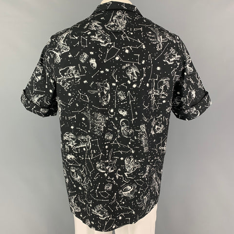 VALENTINO Size L Black White Print Cotton Camp Short Sleeve Shirt