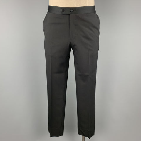 LANVIN Size 38 Black Satin Notch Lapel Two Piece Tuxedo