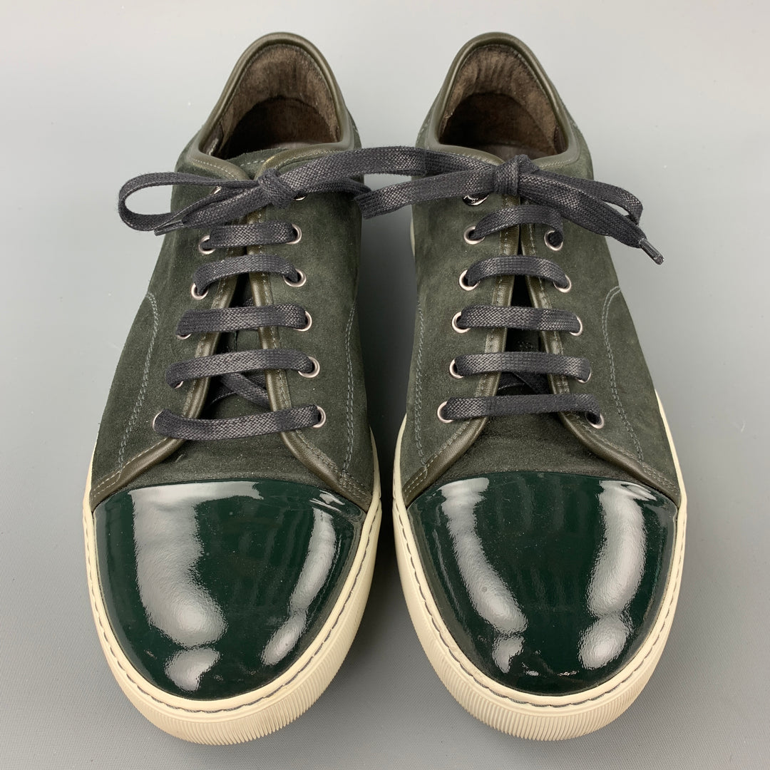 LANVIN Size 11 Olive Suede Patent Leather Cap Toe Sneakers