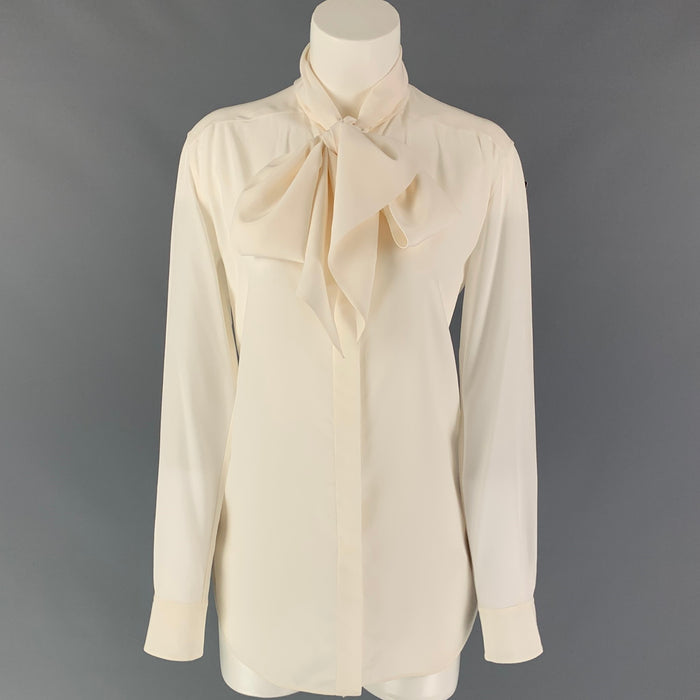 CELINE Size 6 Cream Crepe De Chine Silk Oversized Bow Blouse