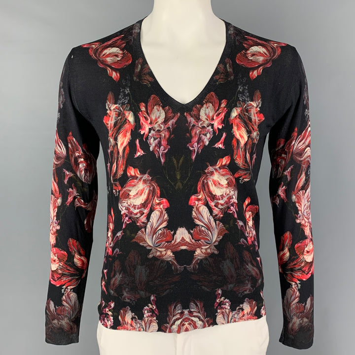 ALEXANDER MCQUEEN Size S Black Red Floral Wool V-Neck Pullover