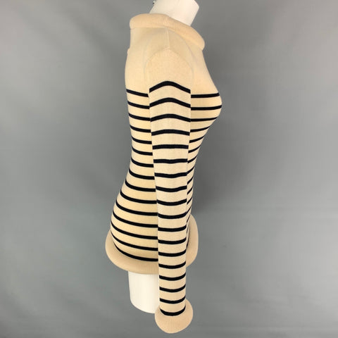 Vintage JEAN PAUL GAULTIER Size M Beige & Navy Stripe Wool / Cotton Tube Collar Cuffs Sweater
