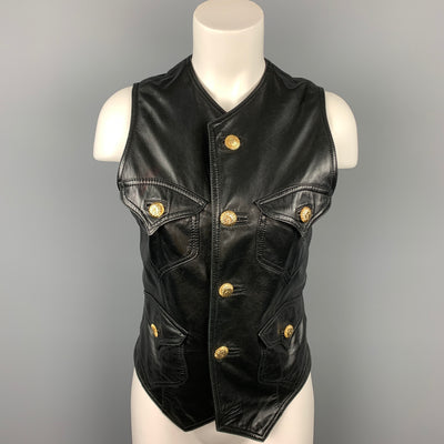 GIANNI VERSACE Size L Black Leather Gold Buttons Vest