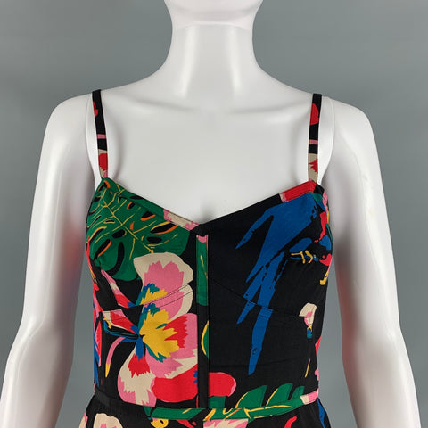 VALENTINO Size 2 Black Multi-Color Silk Floral Spaghetti Straps Mid-Calf Dress