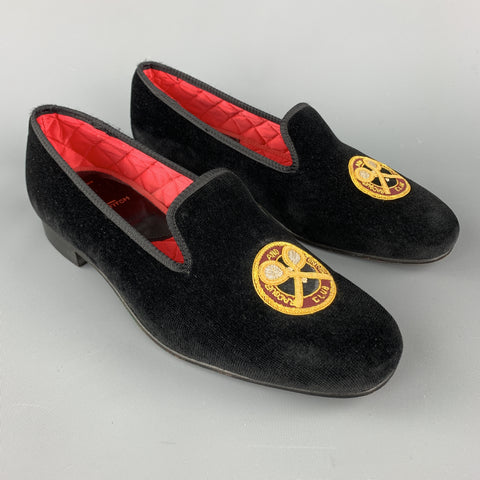 ITZ A STITCH Size 8.5 Black Embroidery Velvet Slippers Loafers