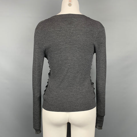 WORTH Size S Grey Ribbed Wool / Silk Buttoned Cardigan