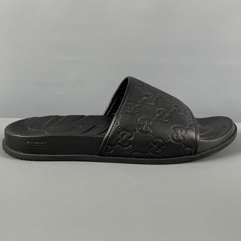 GUCCI Size 12 Black Monogram Leather Slide Sandals