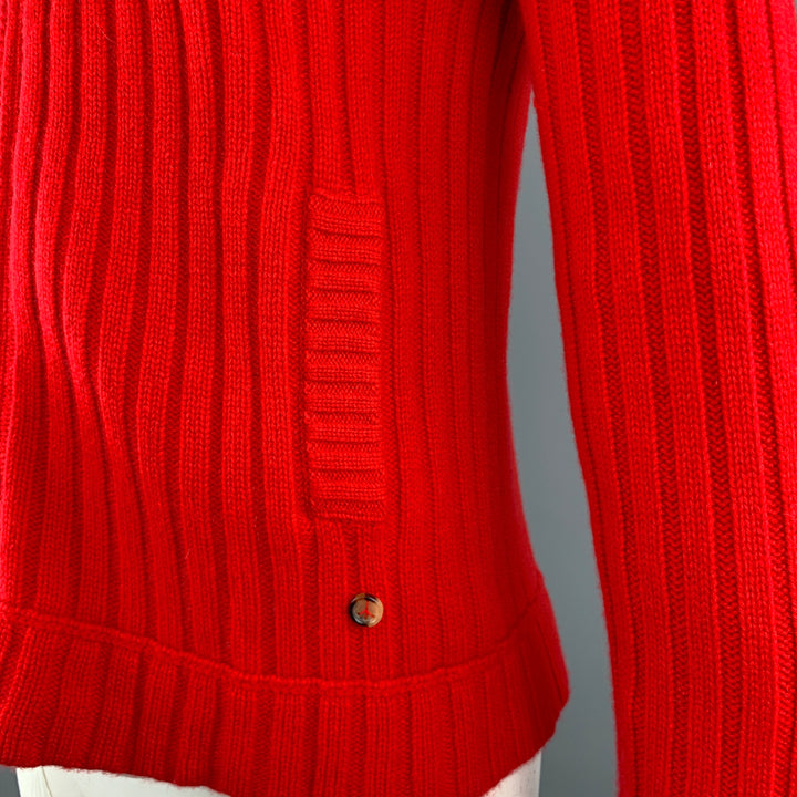 MOSCHINO Size XL Red Ribbed Cashmere High Collar Slit Pockets Zip Up Pullover Sweater