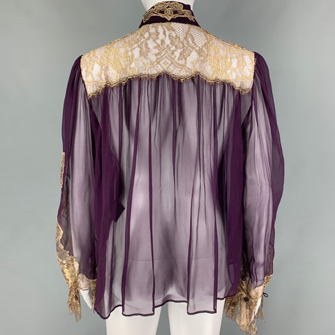 SALVATORE FERRAGAMO Size 2 Eggplant Gold Silk Lace Blouson Dress Top